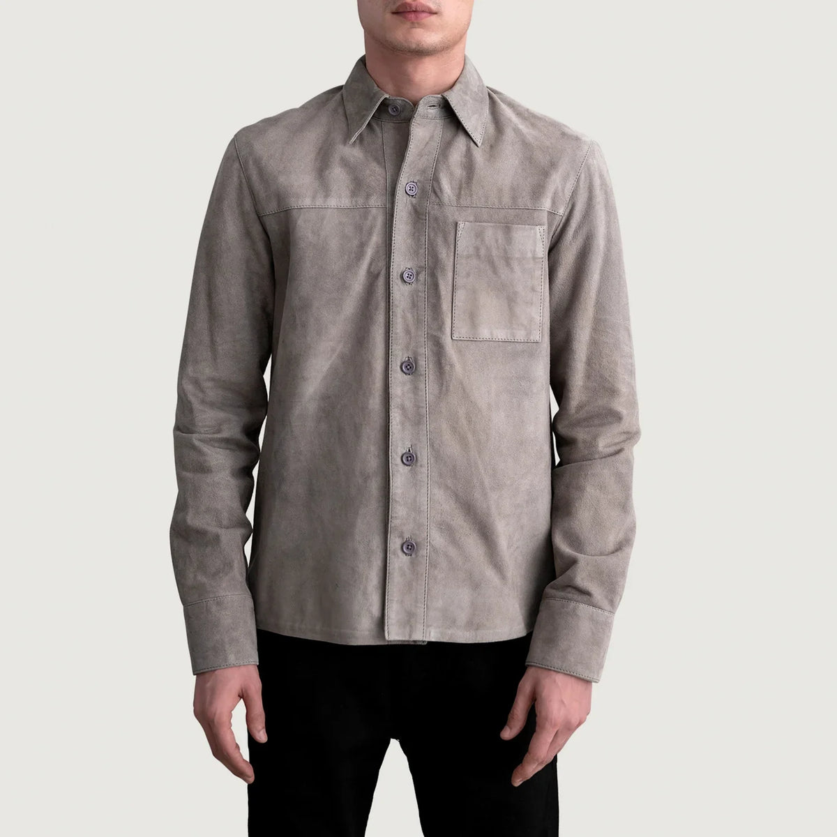 
Scout Grey Suede Leather Shirt - Lateral Side Profile View Showing Sleeve Cut & Athletic Taper Fit