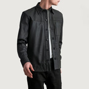 
Scout Tumbled Black Leather Shirt in Tumbled Black Sheepskin Leather - Front Profile View & Tailored Silhouette | Buy Online