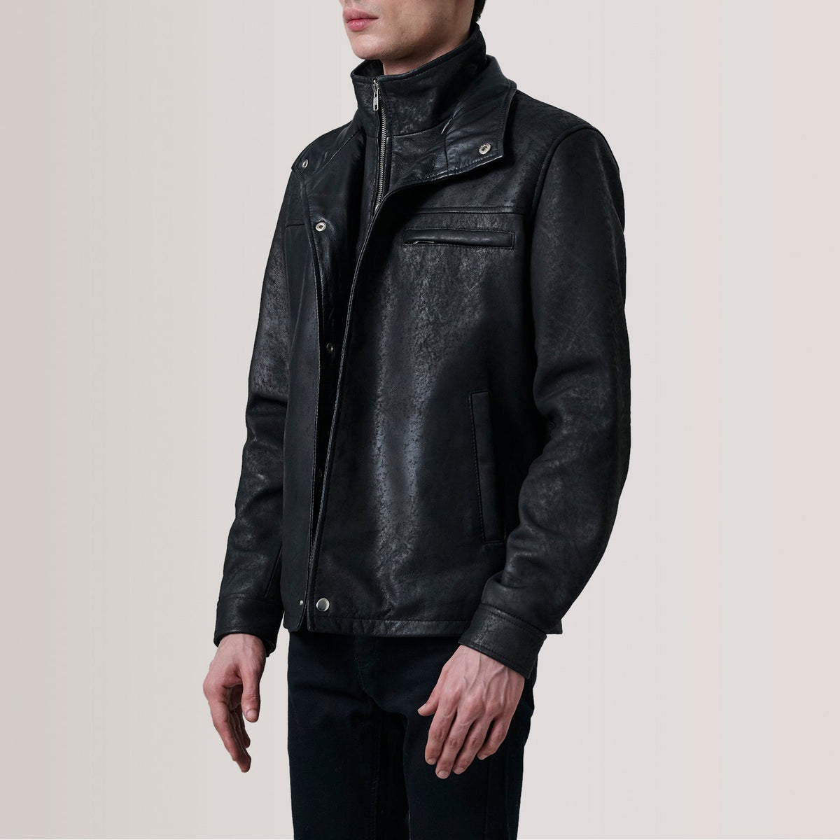 
Sean Black Snuffed Classic Jacket For Men - Lateral Side Profile View Showing Sleeve Cut & Athletic Taper Fit