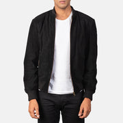 Men's Shane Black Suede Bomber Jacket in Black Goatskin Suede - Front Profile View &amp; Tailored Silhouette | Buy Online