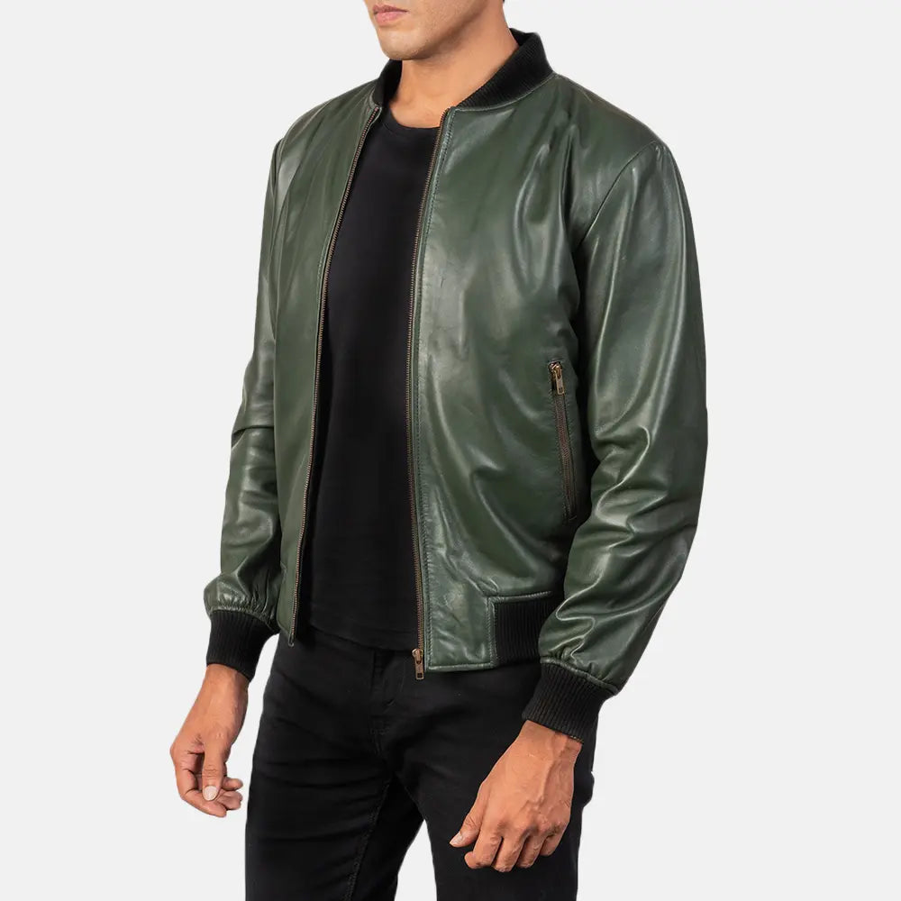 
Green Sheepskin Leather Bomber Jacket - Back View Showing Tailored Shoulder Fit & Clean Hemline