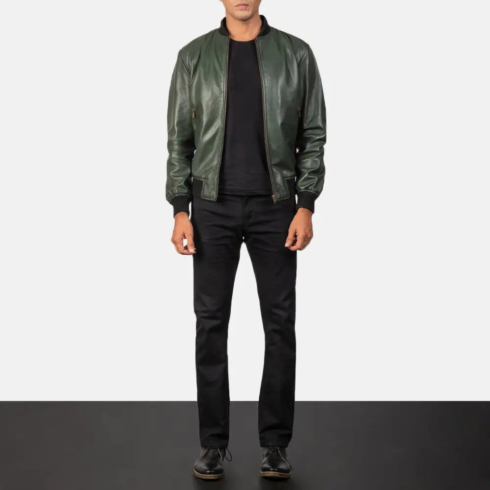 
Close-Up Detail of Rib Knit & Zipper Hardware on Men's Shane Army Green Leather Bomber Jacket