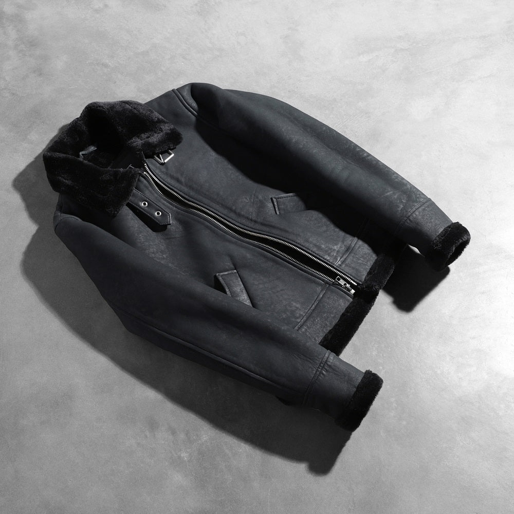 
Roll-back Cuffs & Hem Craftsmanship Construction Detail on Women's Sherilyn B-3 Distressed Black Leather Bomber Jacket