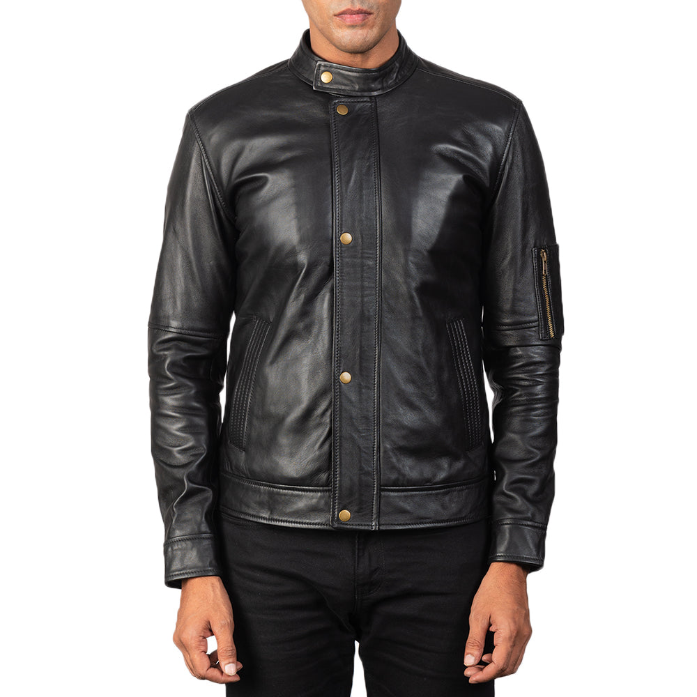 Men's Tea House Black Leather Biker Jacket - Lateral Side Profile View Showing Sleeve Cut &amp; Athletic Taper Fit