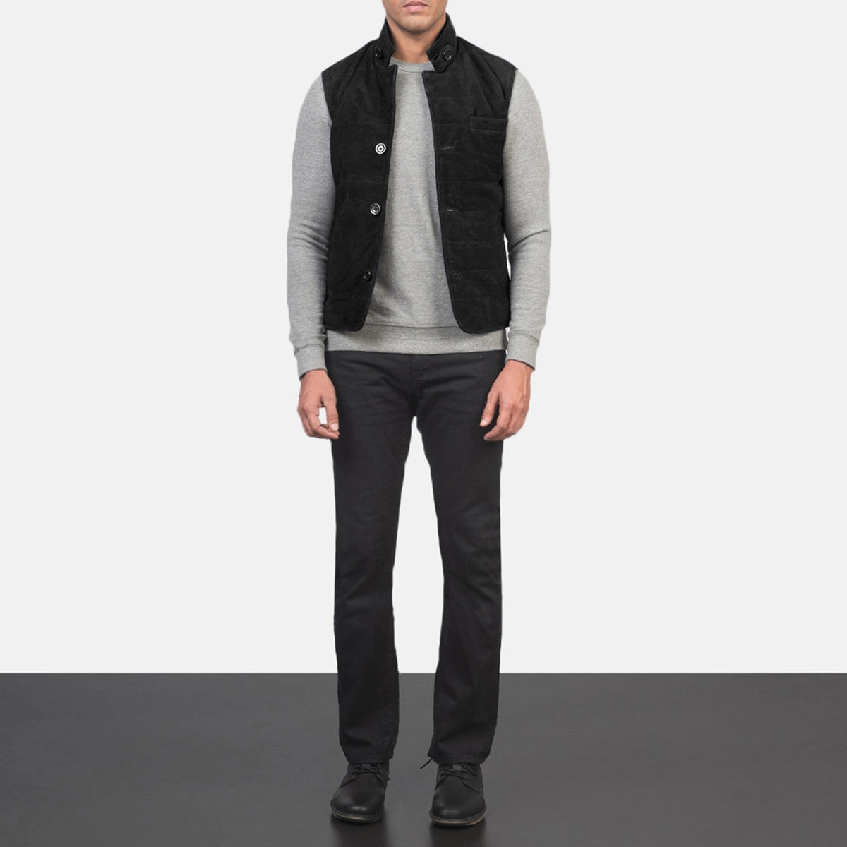 Men's Tony Black Suede Vest - Lateral Side Profile View Showing Sleeve Cut &amp; Athletic Taper Fit