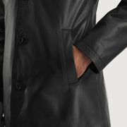 
Men's Urban Slate Black Leather Coat - Lateral Side Profile View Showing Sleeve Cut & Athletic Taper Fit