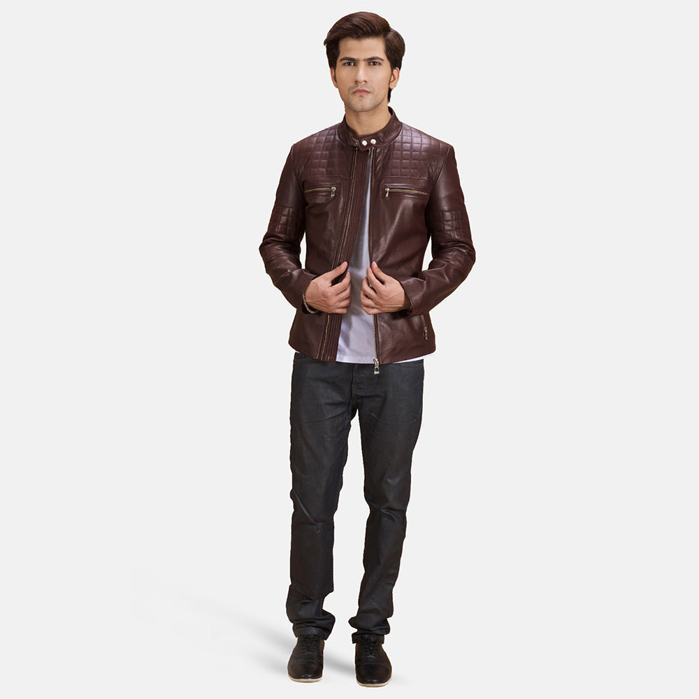Close-Up Detail of Band with snap button &amp; Zipper Hardware on Urbane Quilted Maroon Leather Biker Jacket