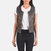 
Women's Vanda Distressed Brown Leather Biker Vest in Distressed Brown Goatskin Leather - Front Profile View & Tailored Silhouette | Buy Online