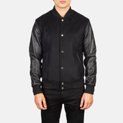 Close-Up Detail of Varsity &amp; Snap Buttons Hardware on Men's Vaxton Black Hybrid Varsity Jacket