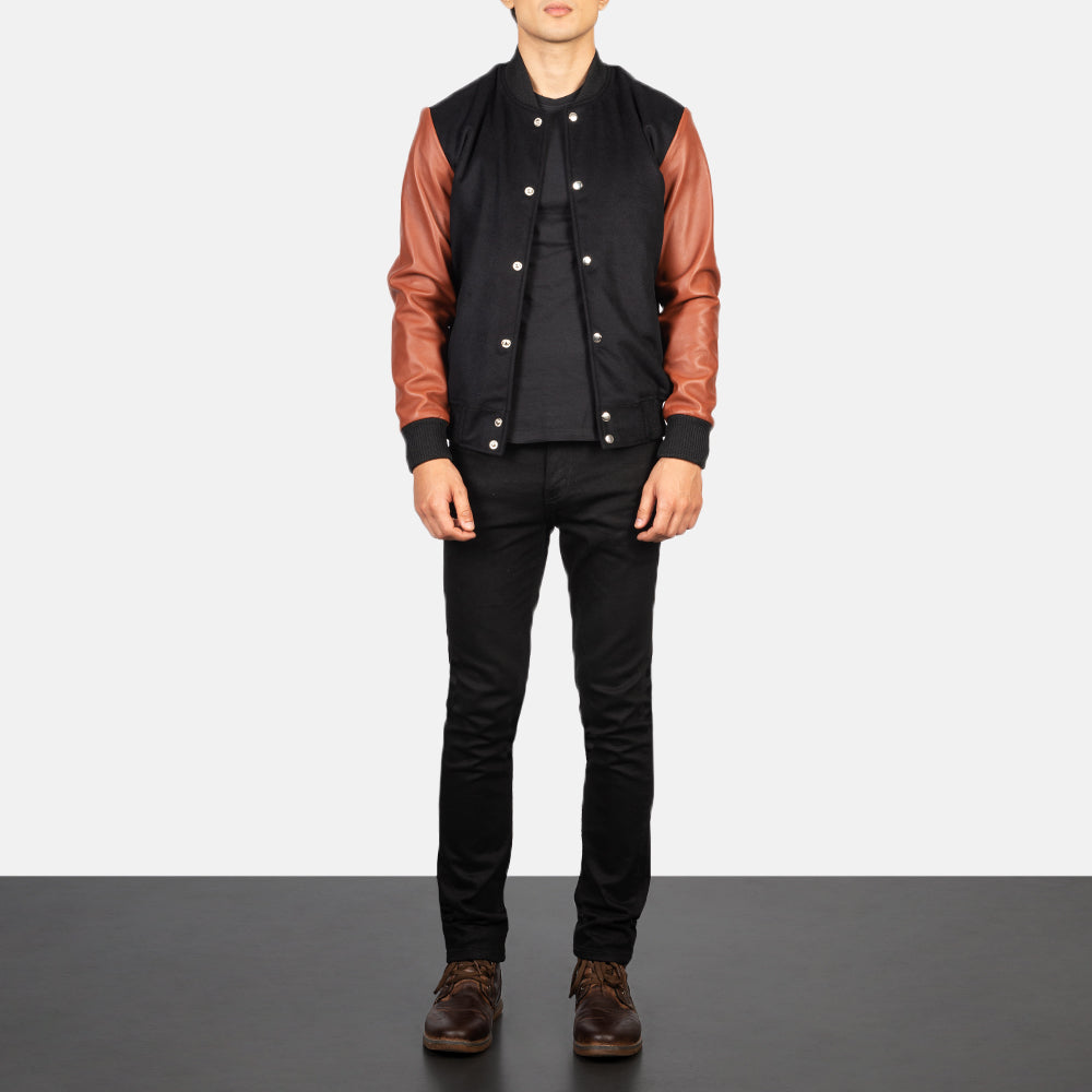 
Men's Vaxton Brown Hybrid Varsity Jacket - Lateral Side Profile View Showing Sleeve Cut & Athletic Taper Fit