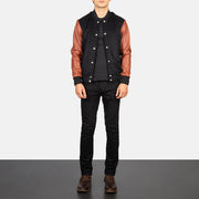 
Men's Vaxton Brown Hybrid Varsity Jacket - Lateral Side Profile View Showing Sleeve Cut & Athletic Taper Fit