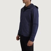 
Blue Full-Grain Leather Hooded Jacket - Back View Showing Tailored Shoulder Fit & Clean Hemline