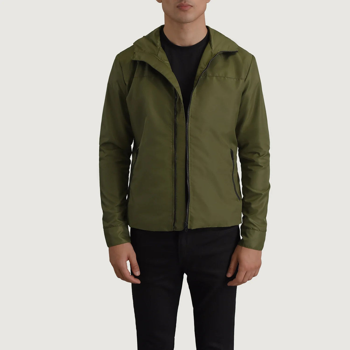 
Wesley Green Hooded Windbreaker Jacket in Green Full-Grain Leather - Front Profile View & Tailored Silhouette | Buy Online
