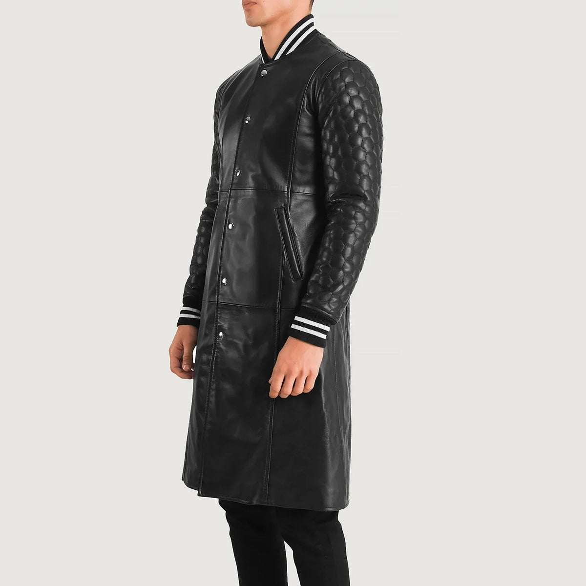 
Black Sheepskin Leather Varsity Jacket - Back View Showing Tailored Shoulder Fit & Clean Hemline