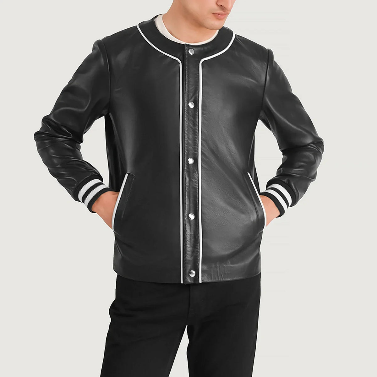 Close-Up Detail of Collarless &amp; Snap Button Buttons Hardware on Willis Black Leather Varsity Jacket