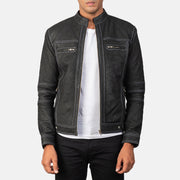 Button &amp; Hem Craftsmanship Construction Detail on Youngster Distressed Black Leather Jacket