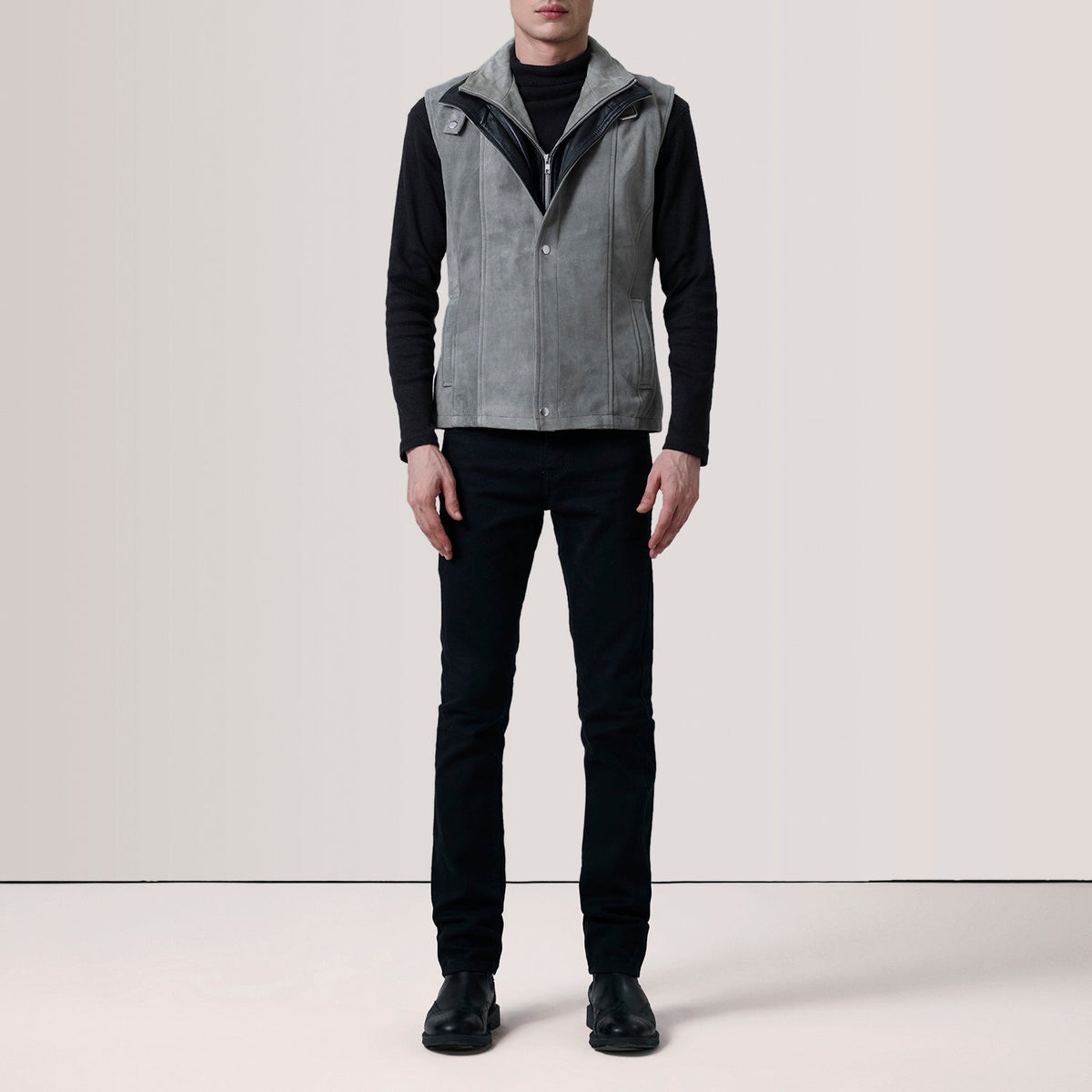 Styled Fit Perspective of Zane Grey Suede Vest For Men on Model - Natural Daylight Drape