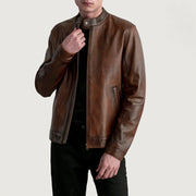 Zen Distressed Brown Leather Biker Jacket in Distressed Brown Sheepskin Leather - Front Profile View &amp; Tailored Silhouette | Buy Online