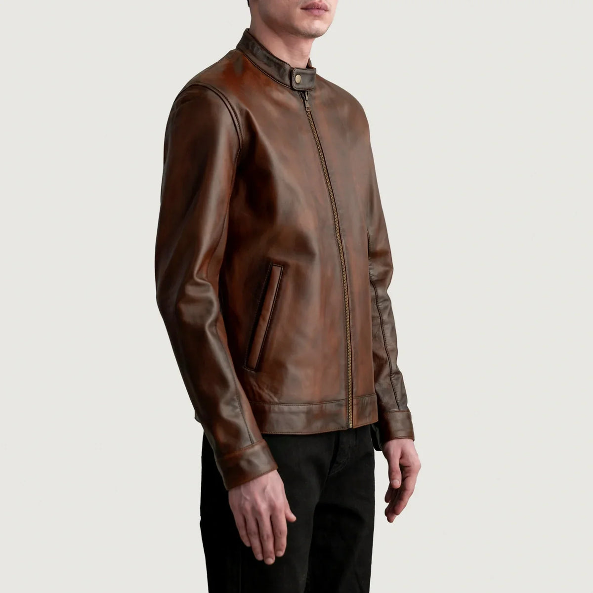 Distressed Brown Sheepskin Leather Biker Jacket - Back View Showing Tailored Shoulder Fit &amp; Clean Hemline