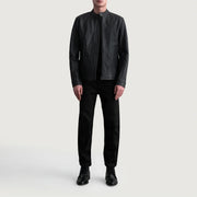 Close-Up Detail of Snap Button &amp; Zipper Hardware on Zen Matte Black Leather Biker Jacket