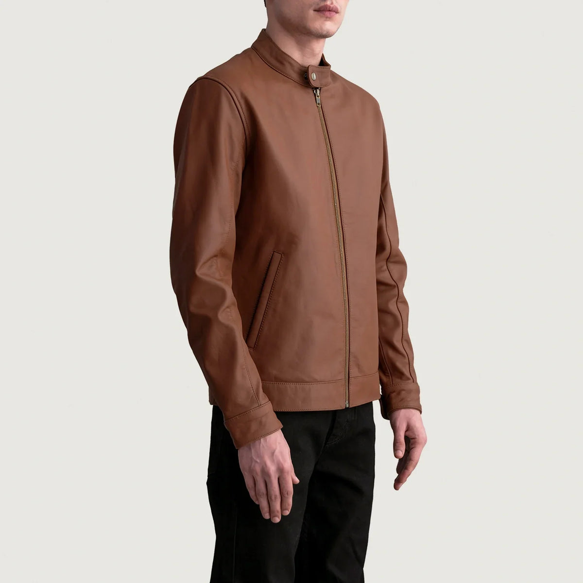 
Matte Brown Cowhide Leather Biker Jacket - Back View Showing Tailored Shoulder Fit & Clean Hemline