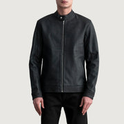 Zen Tumbled Black Leather Biker Jacket in Tumbled Black Sheepskin Leather - Front Profile View &amp; Tailored Silhouette | Buy Online