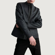 Zen Tumbled Black Leather Biker Jacket - Lateral Side Profile View Showing Sleeve Cut &amp; Athletic Taper Fit